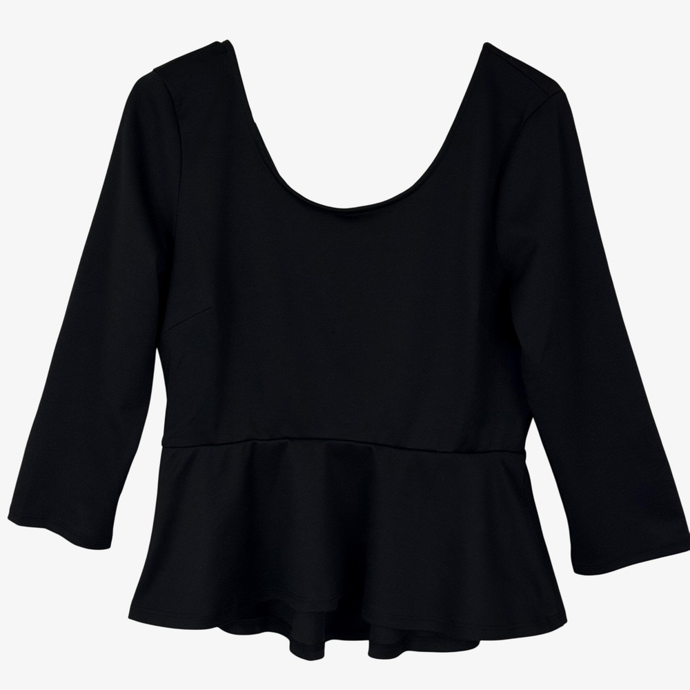 Alloy Apparel Black Peplum Top 3/4 Sleeve Back Bow Scoop Neck Coquette Siren XL